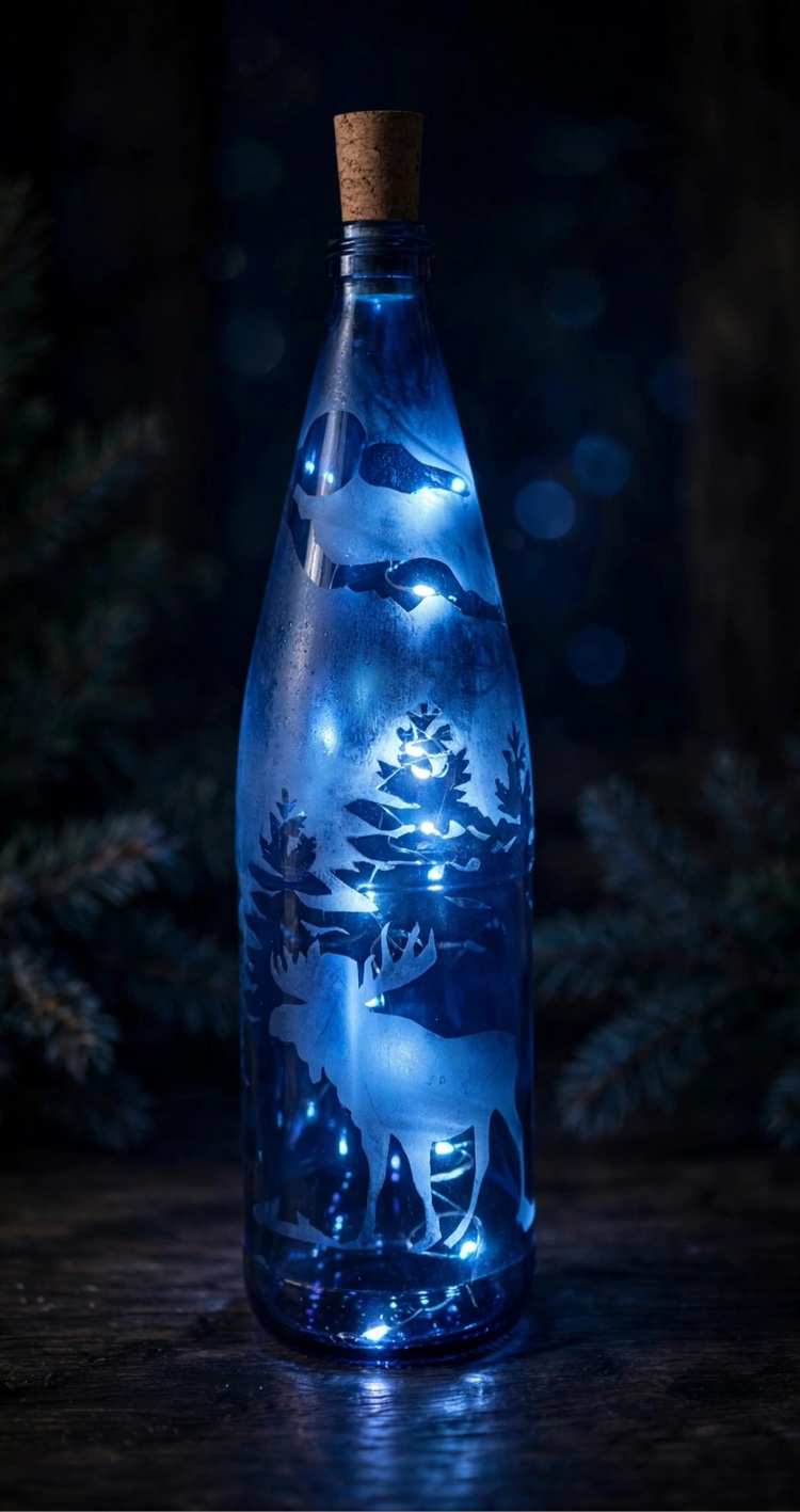 Blue light-up etched bottle