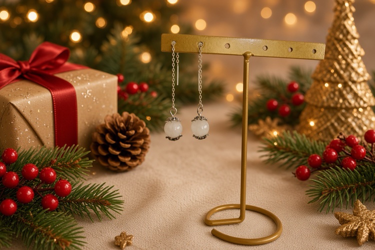White translucent glass beads drop earrings