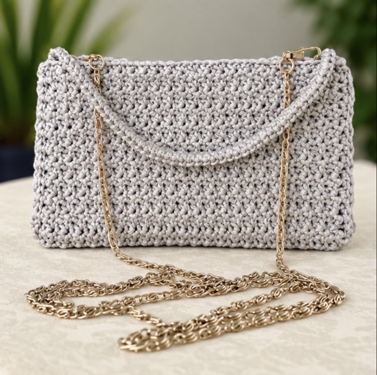Silver crochet clutch with chain strap