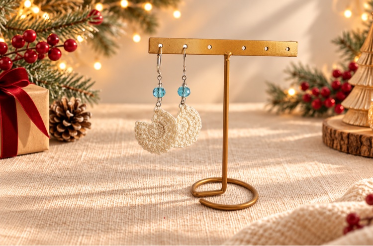 Cream crochet fan earrings with blue beads