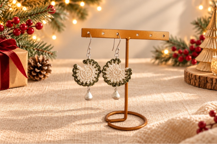 Crochet fan earrings with pearl drops