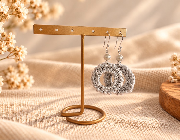 Silver gray crochet hoop earrings with pearl