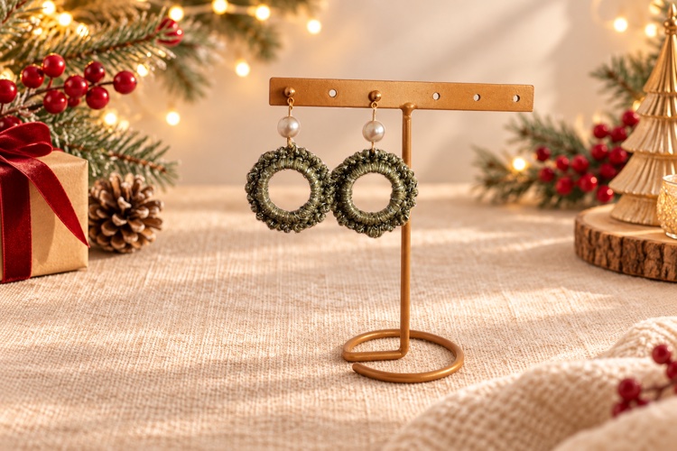 Green crochet hoop earrings with pearl